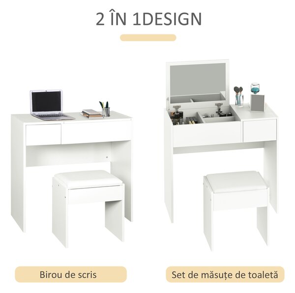 HOMCOM Set Mobilier pentru Toaletă cu Oglindă, Taburet și Sertar, Design Elegant, Masa Consola Alb | Aosom Romania