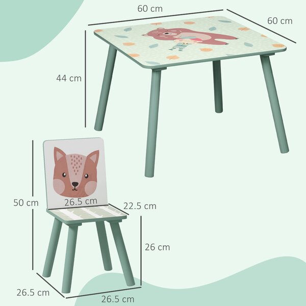 Set masă și scaun ZONEKIZ de 3 piese pentru copii cu vârsta de 3-8 ani din MDF și lemn de pin cu desene animale, de culoare verde | Aosom Romania