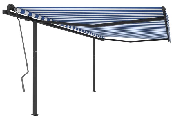 Copertină retractabilă manual, cu stâlpi, albastru/alb, 4x3 m