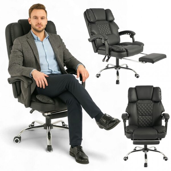 Fotoliu de birou confortabil cu suport pentru picioare și masaj - piele ecologică neagră
