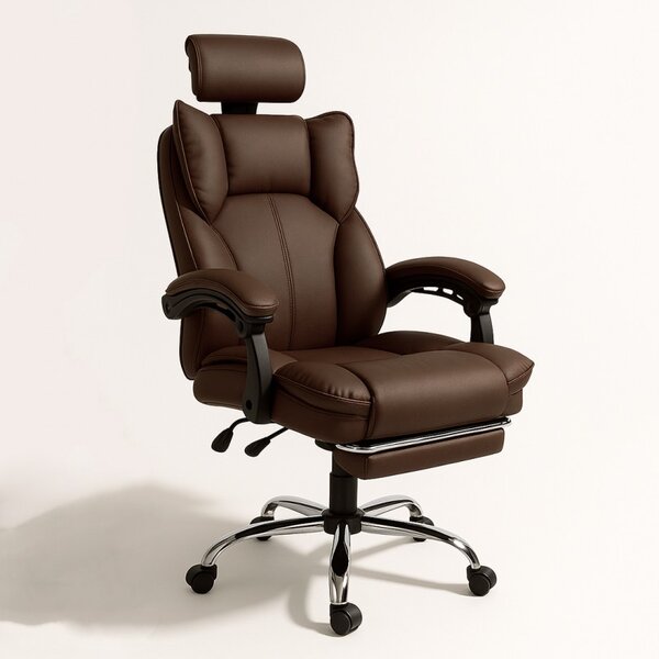 Scaun de birou ergonomic DIRECTO cu suport pentru picioare - piele ecologică maro