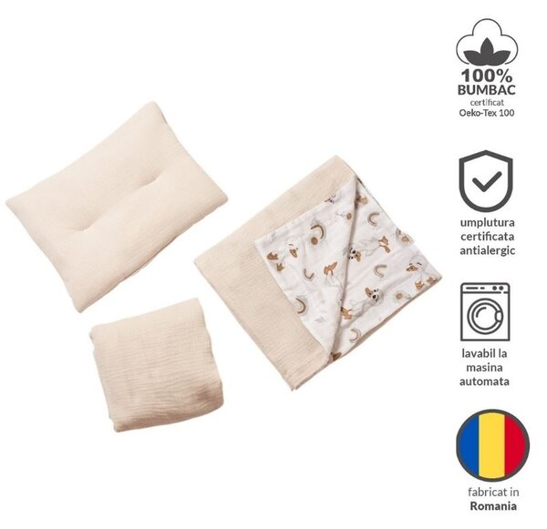 Lenjerie de vara din muselina pentru patut 120x60 cm Kidizi Ducky, include cearceaf, perna si paturica cu doua fete, bumbac 100%