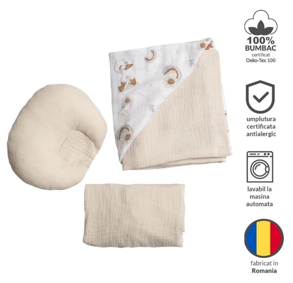 Lenjerie pentru landoul caruciorului din muselina Kidizi Ducky, include cearceaf, perna si paturica cu doua fete, bumbac 100%
