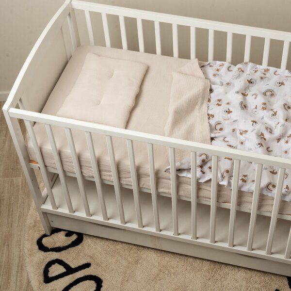 Lenjerie de vara din muselina pentru patut 120x60 cm Kidizi Ducky, include cearceaf, perna si paturica cu doua fete, bumbac 100%