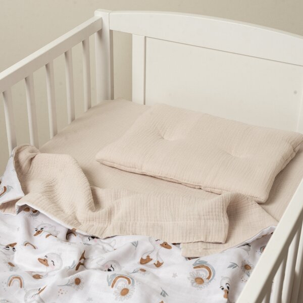 Lenjerie de vara din muselina pentru patut 120x60 cm Kidizi Ducky, include cearceaf, perna si paturica cu doua fete, bumbac 100%