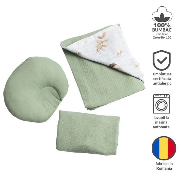 Lenjerie pentru landoul caruciorului din muselina Kidizi Birdy, include cearceaf, perna si paturica cu doua fete, bumbac 100%