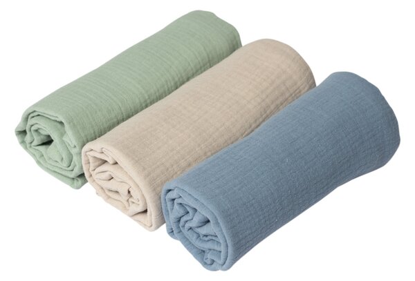 Set 3 paturici din muselina dubla moale 78x78 cm Kidizi Mint Blue, 100% bumbac