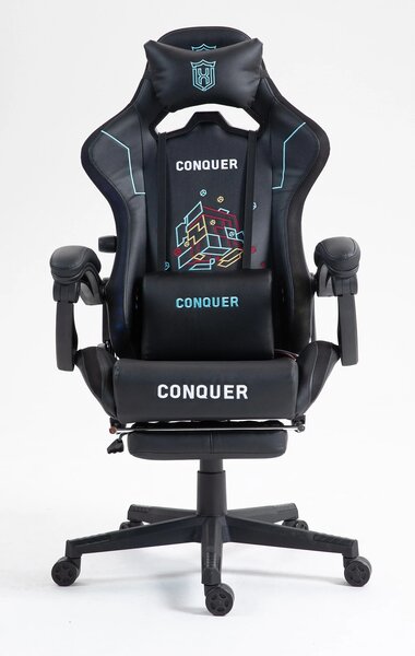 Scaun gaming cu masaj în perna lombară, sistem iluminare bandă LED RGB, suport lombar reglabil, suport picioare, PU, Negru/Alb