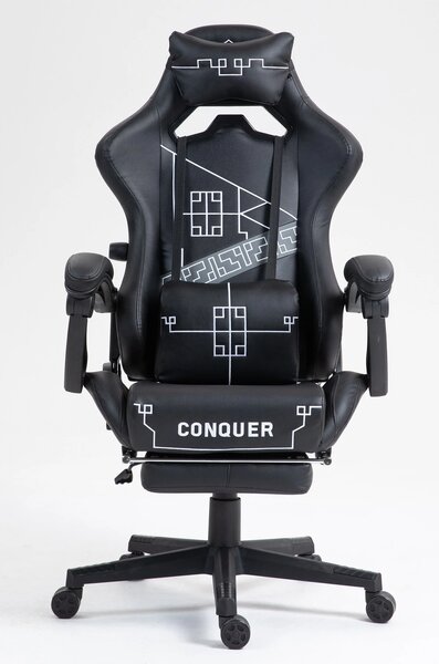 Scaun gaming, ergonomic, perna lombara cu masaj, suport lombar reglabil, spătar reglabil 90-155°, suport pentru picioare, piele PU, Negru/Alb