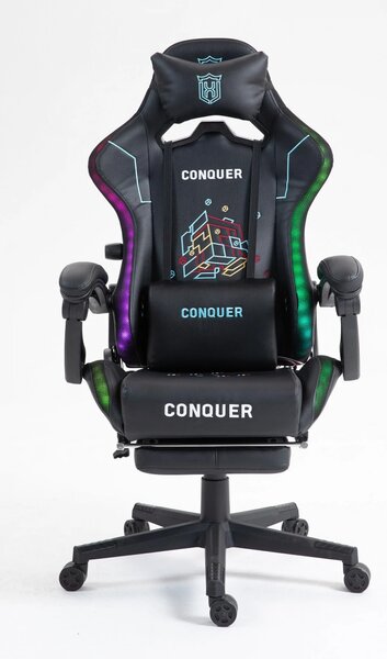 Scaun gaming cu masaj în perna lombară, sistem iluminare bandă LED RGB, suport lombar reglabil, suport picioare, PU, Negru/Alb