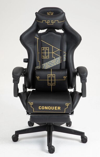 Scaun gaming, ergonomic, perna lombara cu masaj, suport lombar reglabil, spătar reglabil 90-155°, suport pentru picioare, piele PU, Negru/Auriu