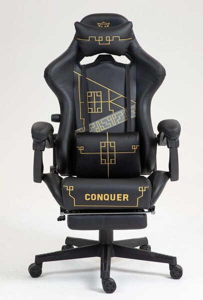 Scaun gaming, ergonomic, perna lombara cu masaj, suport lombar reglabil, spătar reglabil 90-155°, suport pentru picioare, piele PU, Negru/Auriu