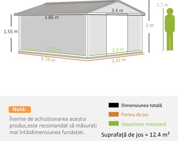 Outsunny Magazie de Gradina cu Usi Duble Glisante si Acoperis Inclinat, Sopron de Gradina din Otel si PP, 3.4x4x2m, Gri | Aosom Romania