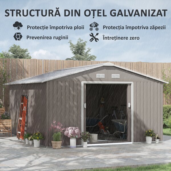 Outsunny Magazie de Gradina cu Usi Duble Glisante si Acoperis Inclinat, Sopron de Gradina din Otel si PP, 3.4x4x2m, Gri | Aosom Romania