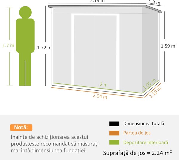 Outsunny Casuta de gradina din otel cu acoperis inclinat, usa glisanta dubla si orificii de aerisire, 213x130x173 cm | Aosom Romania