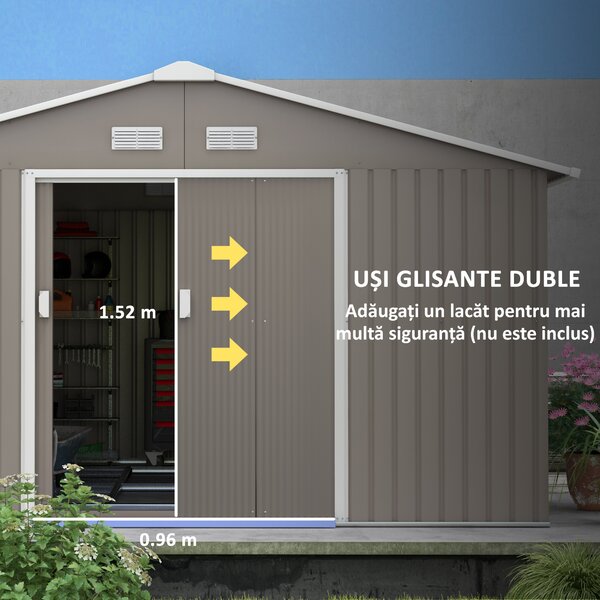 Outsunny Magazie de Gradina cu Usi Duble Glisante si Acoperis Inclinat, Sopron de Gradina din Otel si PP, 3.4x4x2m, Gri | Aosom Romania