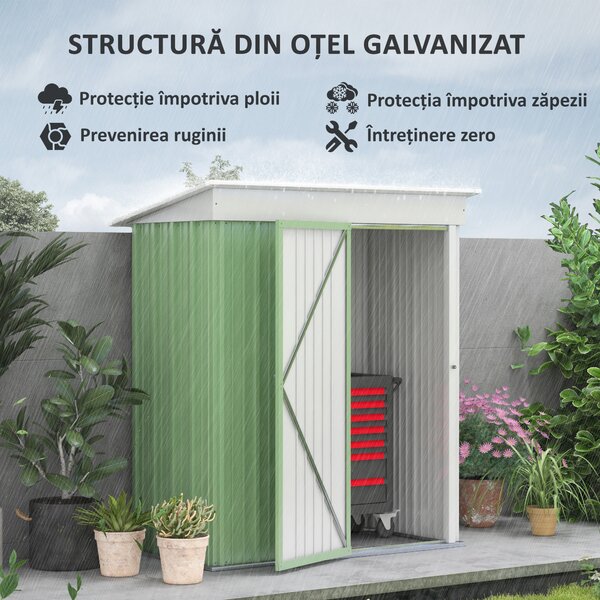 Casute de gradina de mici dimensiuni, din otel,cu usa cu blocare, 161x95x163/181cm, verde | Aosom Romania