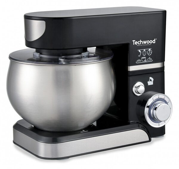 Mixer planetar Techwood TRO-1066, 1000W, 5 litri, 6 viteze, Pulse, Protectie la suprasarcina, Negru/Inox