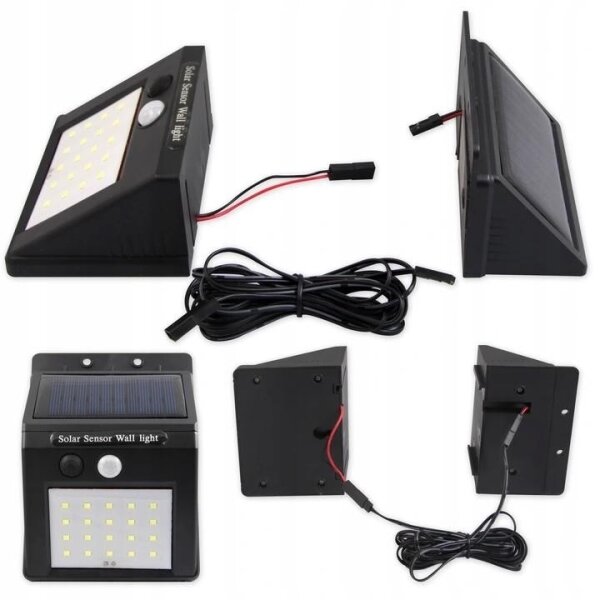 Lampă solară de perete cu LED, senzor și panou extern, 0,55W/3,7V, IP44