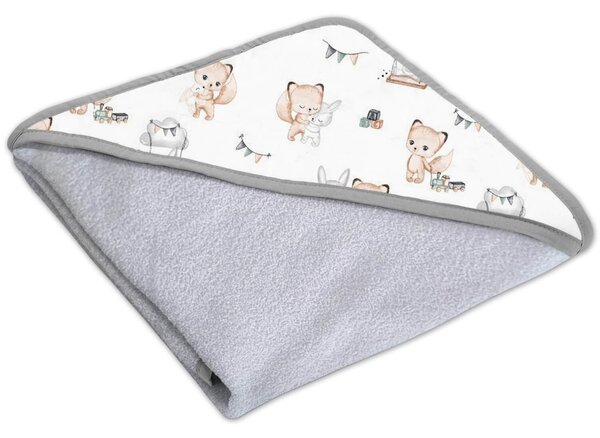 Prosop bebe din bumbac cu gluga 90x90 cm Kidizi Best Friends, potrivit de la nastere pana la 2 ani
