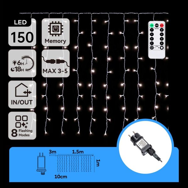 Aigostar - Ghirlandă LED de Crăciun pentru exterior 150xLED/6W/230V/8 funcții 1,5x1m IP44 alb rece + telecomandă
