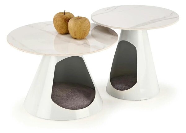 Set 2 masute cafea OSARIO, alb cu efect de marmura, ceramica/metal