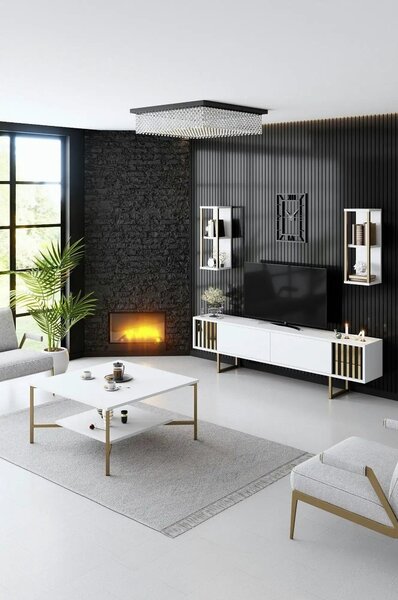 Mobilier living GOLD LINE, alb/auriu, PAL melaminat/metal, 3 piese