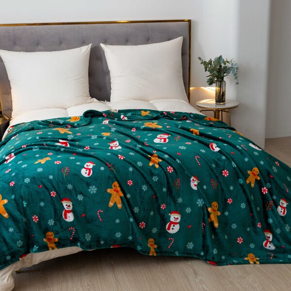 Patura microplus de Craciun SNOWMAN AND GINGERBREAD verde Dimensiuni: 150 x 200 cm