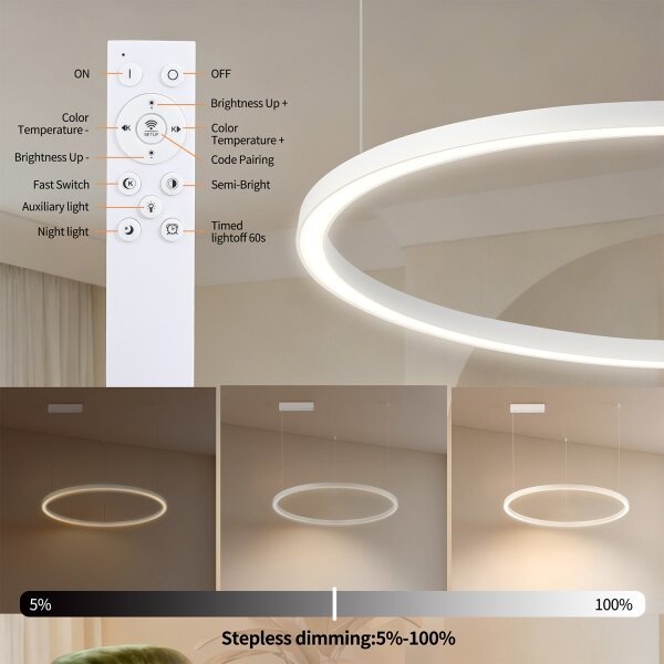 Brilagi - Lustră LED dimabilă, suspendată pe cablu PORTOFINO LED/60W/230V, diam. 80 cm, albă +telecomandă
