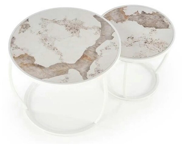 Set 2 masute cafea INES, bej cu efect de marmura/alb, ceramica/metal