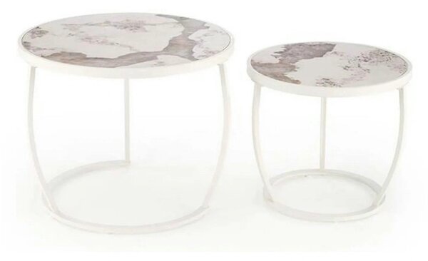 Set 2 masute cafea INES, bej cu efect de marmura/alb, ceramica/metal