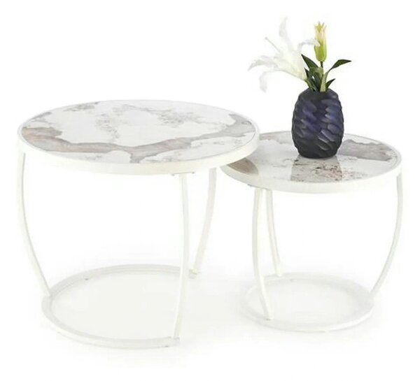 Set 2 masute cafea INES, bej cu efect de marmura/alb, ceramica/metal