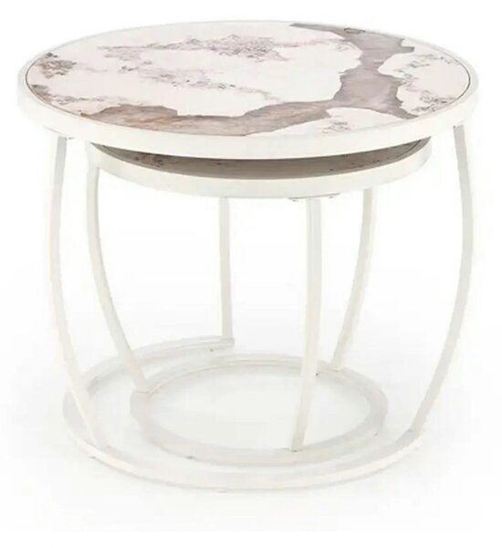 Set 2 masute cafea INES, bej cu efect de marmura/alb, ceramica/metal