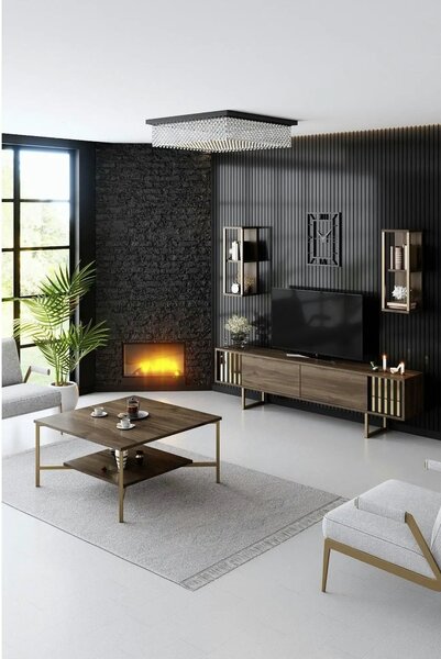 Mobilier living GOLD LINE, nuc/auriu, PAL melaminat/metal, 3 piese