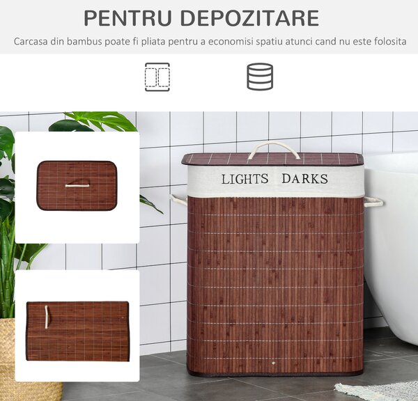 HOMCOM Coș de Rufe din Bambus Rezistent la Apă, 100L, 2 Compartimente, Manere Laterale din Frânghie, Design Elegant | Aosom Romania