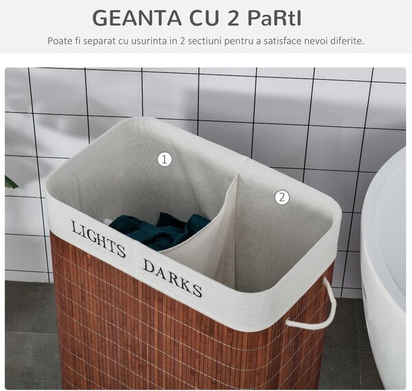 HOMCOM Coș de Rufe din Bambus Rezistent la Apă, 100L, 2 Compartimente, Manere Laterale din Frânghie, Design Elegant | Aosom Romania