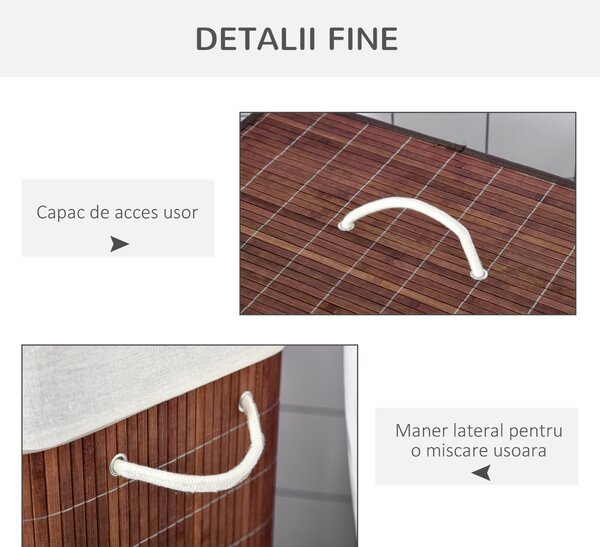 HOMCOM Coș de Rufe din Bambus Rezistent la Apă, 100L, 2 Compartimente, Manere Laterale din Frânghie, Design Elegant | Aosom Romania