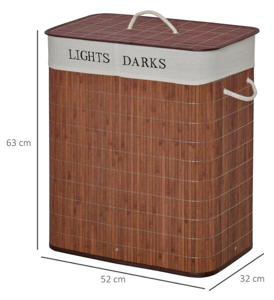 HOMCOM Coș de Rufe din Bambus Rezistent la Apă, 100L, 2 Compartimente, Manere Laterale din Frânghie, Design Elegant | Aosom Romania