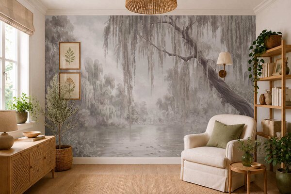 Tapet Scenă monocromă cu sălcii deasupra apei liniștite, Fototapet Natură, w05631 : Uwalls.ro