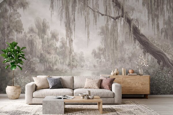 Tapet Scenă monocromă cu sălcii deasupra apei liniștite, Fototapet Natură, w05631 : Uwalls.ro