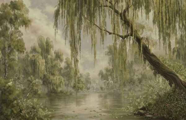 Tapet Peisaj umbrit cu sălcii deasupra apei, Fototapet Natură, w05631v2 : Uwalls.ro