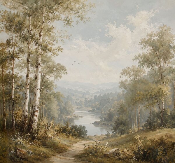Tapet Peisaj fluvial luminos, cu mesteacăn și nori, Imagini de fundal unice, w05685 : Uwalls.ro