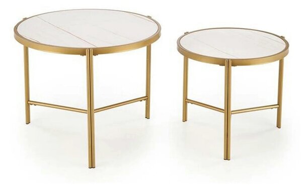 Set 2 masute cafea FATIMA, alb cu efect de marmura/auriu, ceramica/met