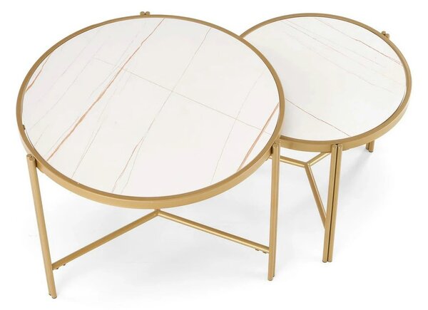 Set 2 masute cafea FATIMA, alb cu efect de marmura/auriu, ceramica/met