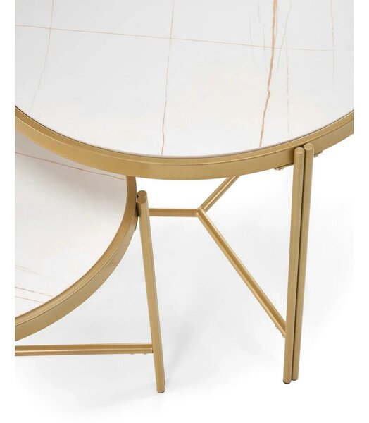 Set 2 masute cafea FATIMA, alb cu efect de marmura/auriu, ceramica/met