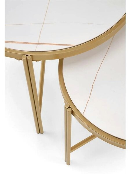 Set 2 masute cafea FATIMA, alb cu efect de marmura/auriu, ceramica/met
