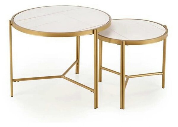Set 2 masute cafea FATIMA, alb cu efect de marmura/auriu, ceramica/met
