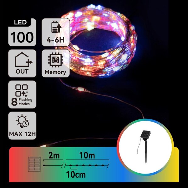 Aigostar - Ghirlandă solară LED, 100 LED, 8 moduri, 12 m, IP65, multicolor