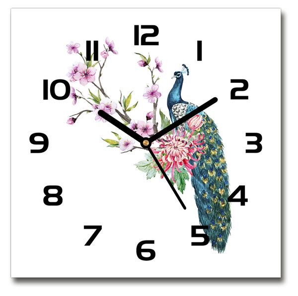 Ceas din sticlă pătrat Peacock și flori