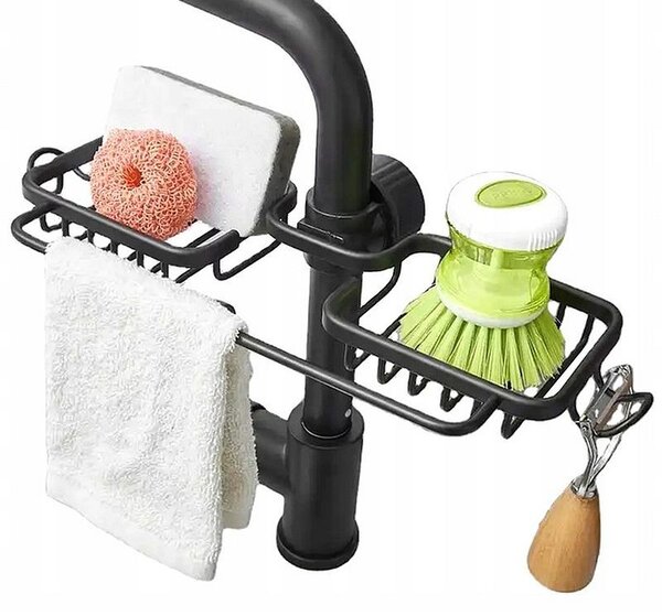 Organizator pentru chiuveta, universal, montare pe robinet, otel inoxidabil, negru